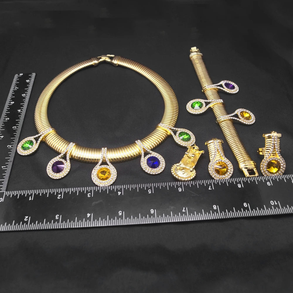 Gorgeous 24K Gold Plated Jewelry Set – Necklace & Earrings with Colorful Rhinestones