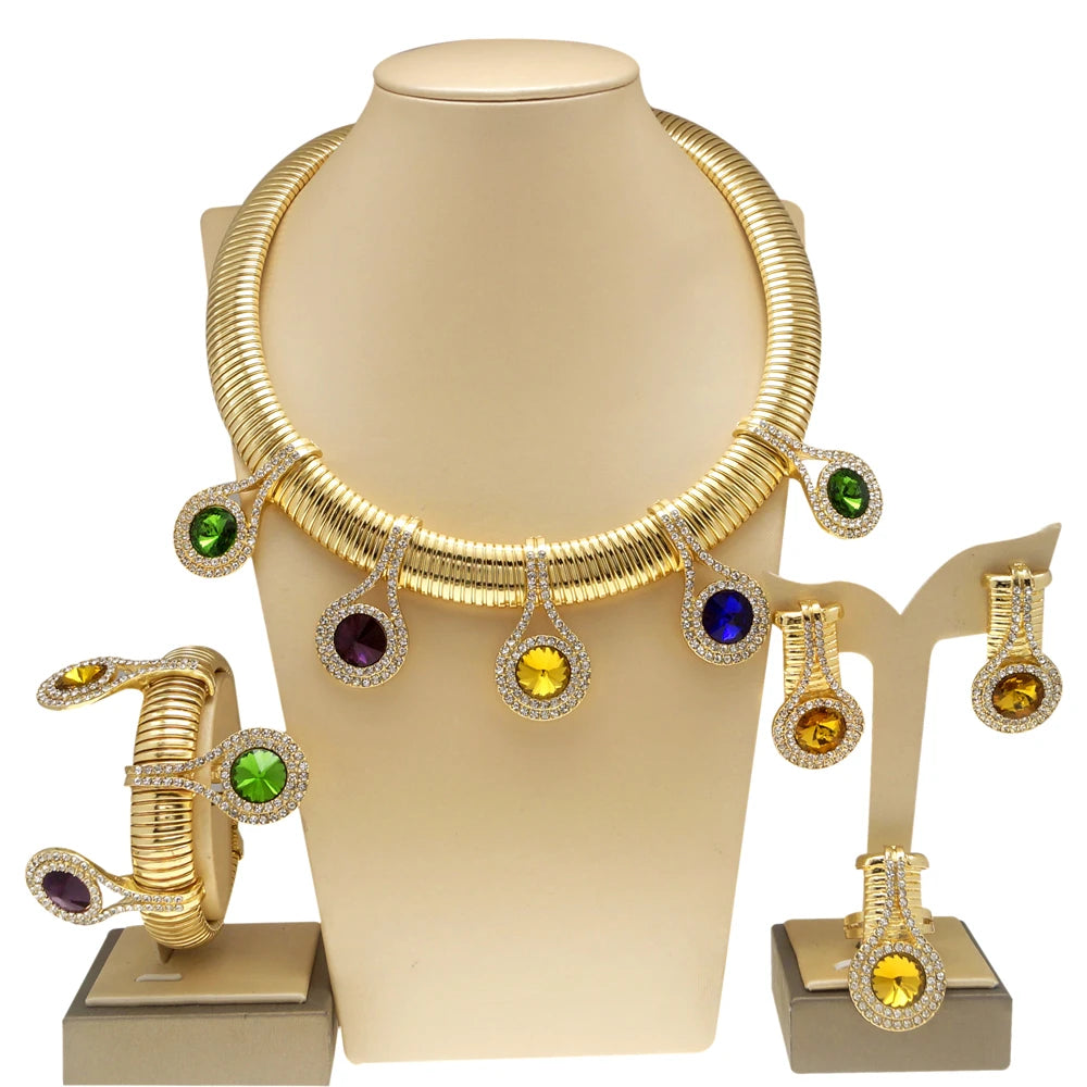 Gorgeous 24K Gold Plated Jewelry Set – Necklace & Earrings with Colorful Rhinestones