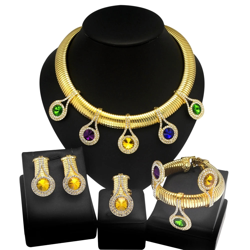 Gorgeous 24K Gold Plated Jewelry Set – Necklace & Earrings with Colorful Rhinestones