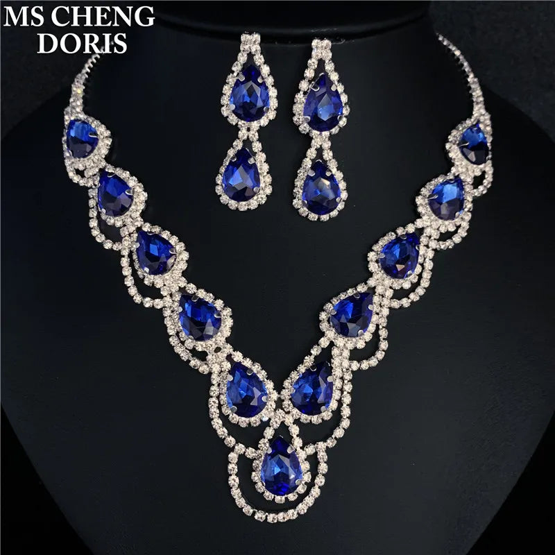 Blue Rhinestone Choker Jewelry Set – Luxury Bridal Necklace & Earrings