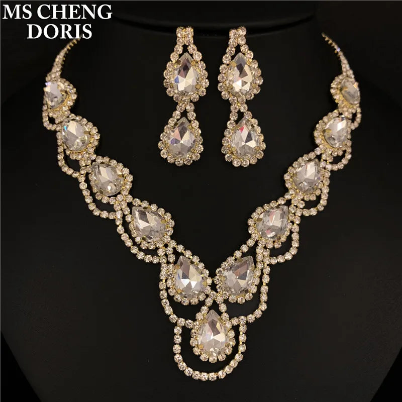 Blue Rhinestone Choker Jewelry Set – Luxury Bridal Necklace & Earrings