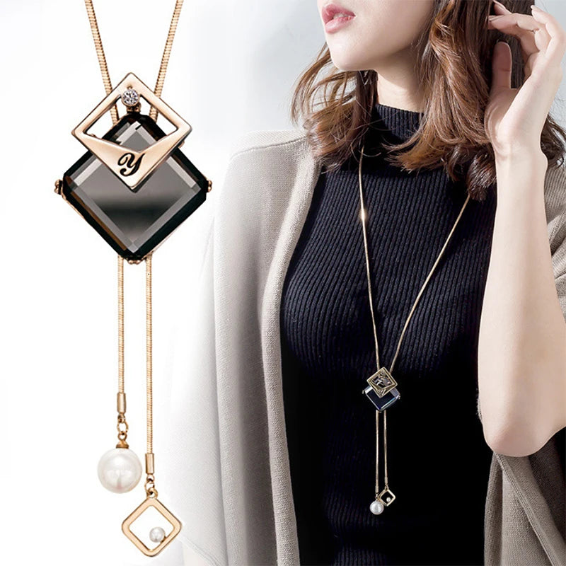 Geometric Crystal Statement Necklace – Long Pendant for Women