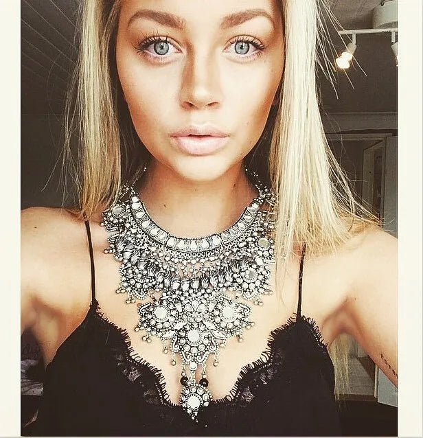 Silver Ethnic Coin Necklace – Boho Maxi Collar Jewelry for Women