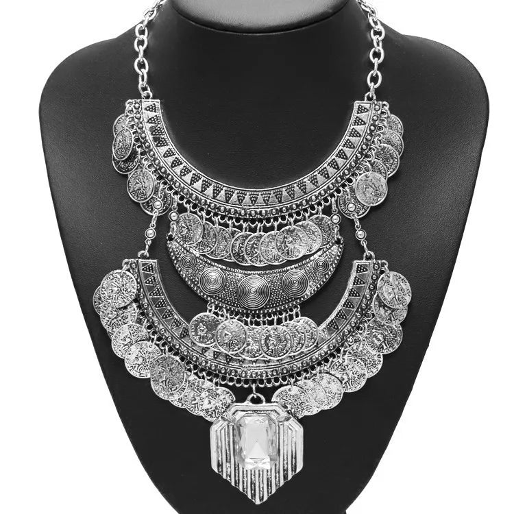 Silver Ethnic Coin Necklace – Boho Maxi Collar Jewelry for Women