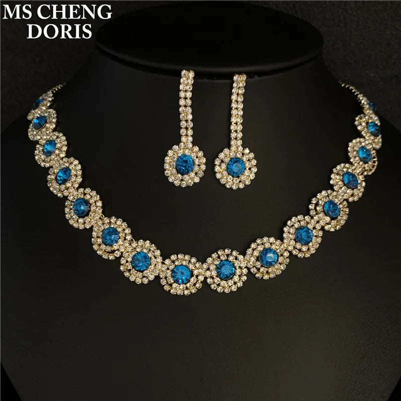 Blue Rhinestone Choker Jewelry Set – Luxury Bridal Necklace & Earrings