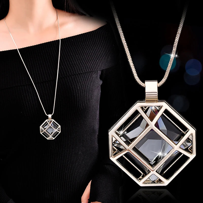 Geometric Crystal Statement Necklace – Long Pendant for Women