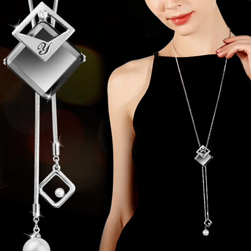 Geometric Crystal Statement Necklace – Long Pendant for Women