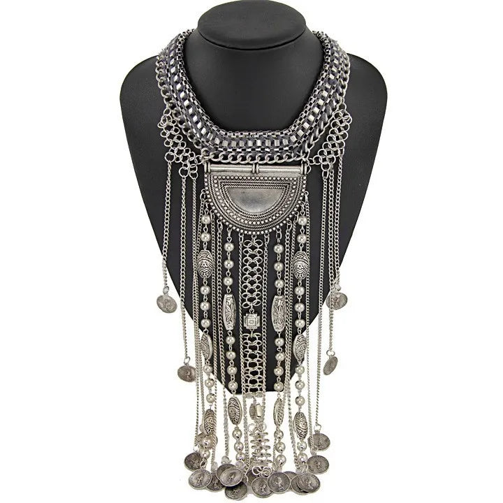 Silver Ethnic Coin Necklace – Boho Maxi Collar Jewelry for Women