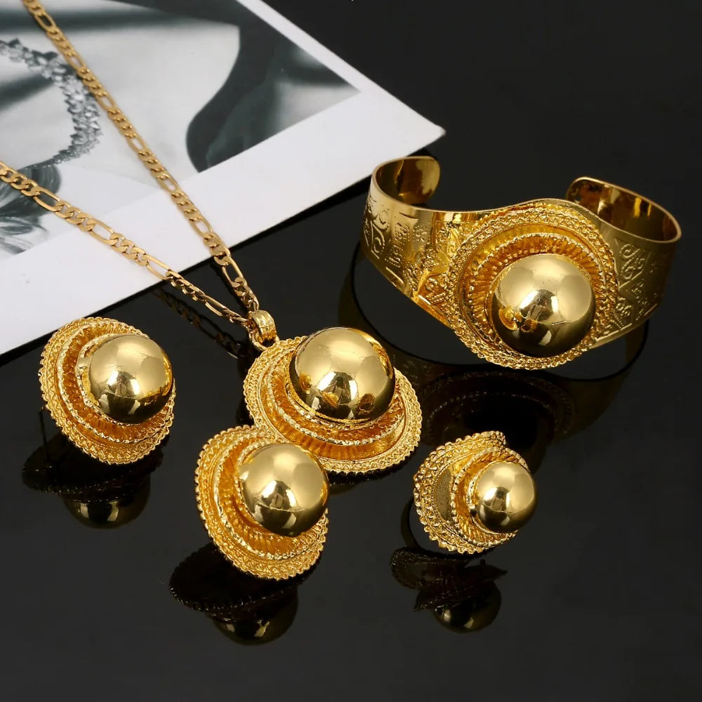 Gold Ethiopian Bridal Jewelry Set – Necklace, Earrings, Bracelet & Ring