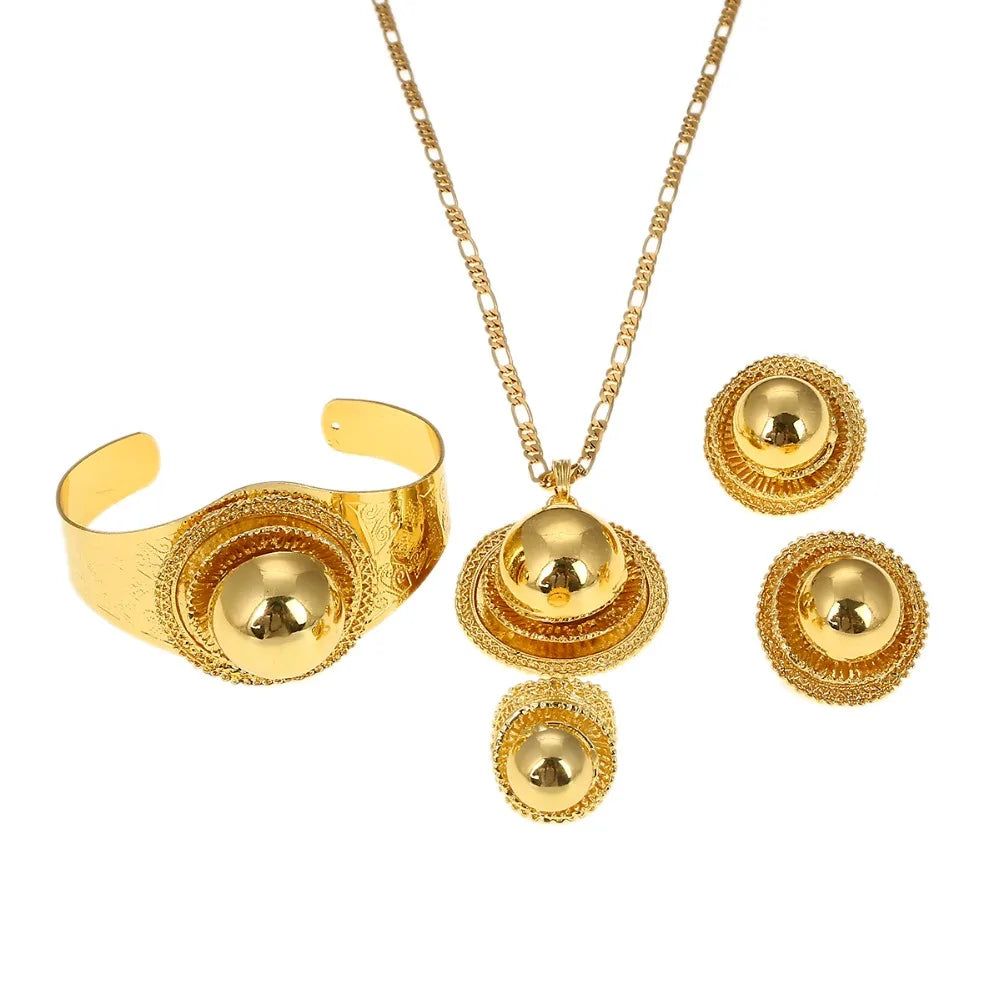 Gold Ethiopian Bridal Jewelry Set – Necklace, Earrings, Bracelet & Ring
