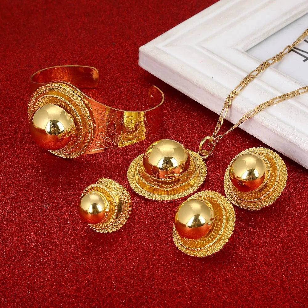 Gold Ethiopian Bridal Jewelry Set – Necklace, Earrings, Bracelet & Ring