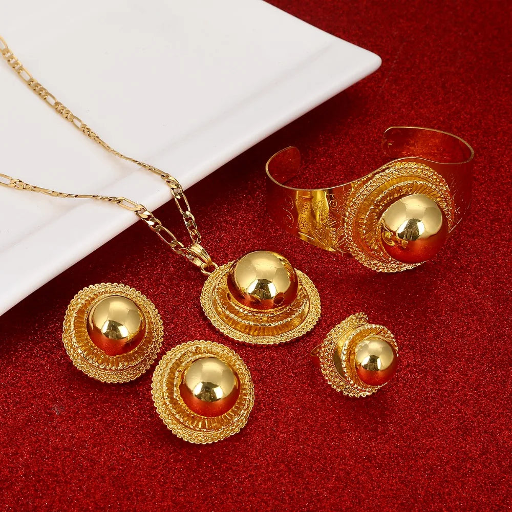 Gold Ethiopian Bridal Jewelry Set – Necklace, Earrings, Bracelet & Ring