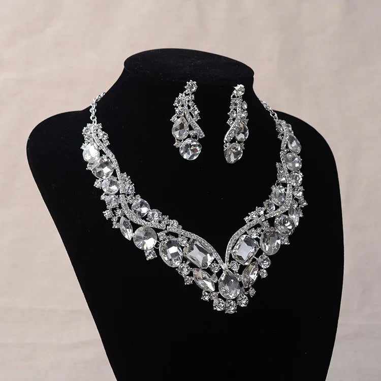 Luxury Rhinestone Wedding Jewelry Sets Earrings Geometric Crystal Statement Necklace Set for Bride African Bridal Jewelry Sets