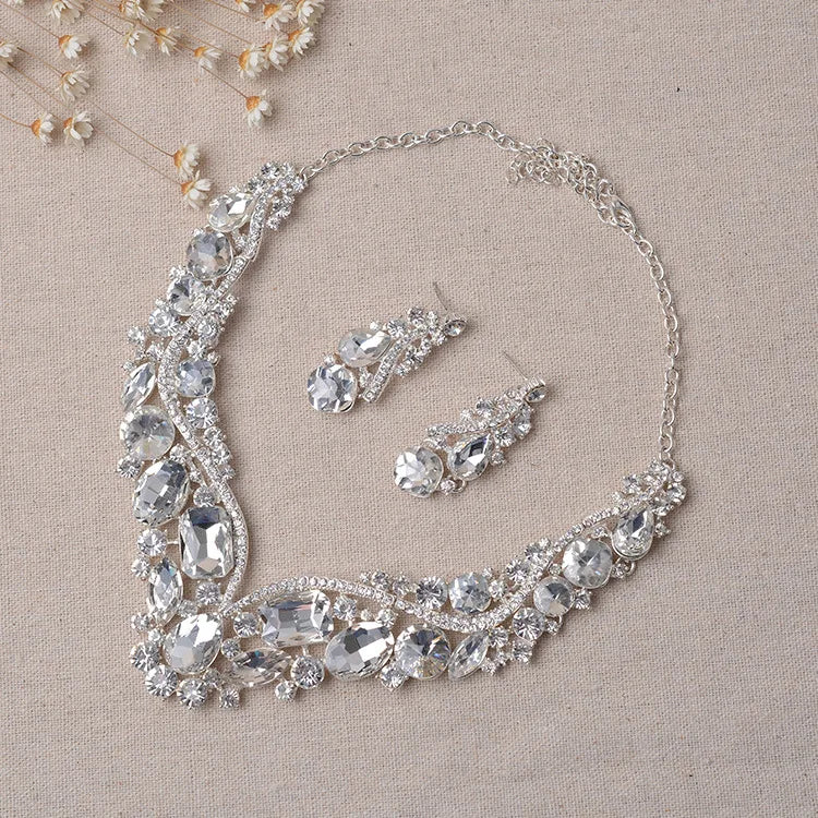 Luxury Rhinestone Wedding Jewelry Sets Earrings Geometric Crystal Statement Necklace Set for Bride African Bridal Jewelry Sets