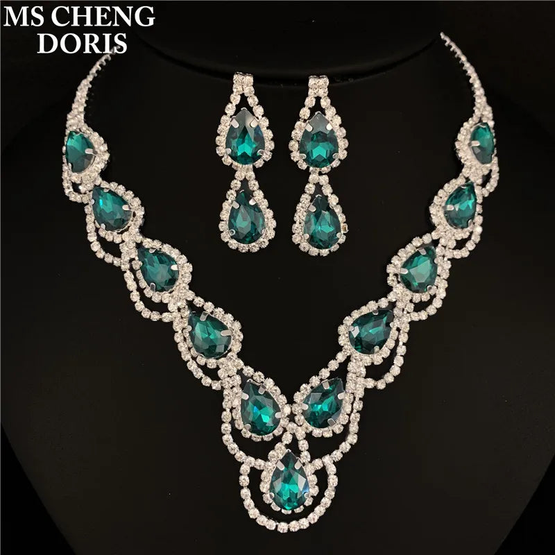 Blue Rhinestone Choker Jewelry Set – Luxury Bridal Necklace & Earrings