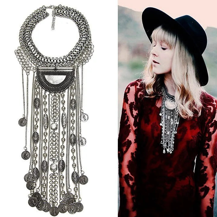 Silver Ethnic Coin Necklace – Boho Maxi Collar Jewelry for Women