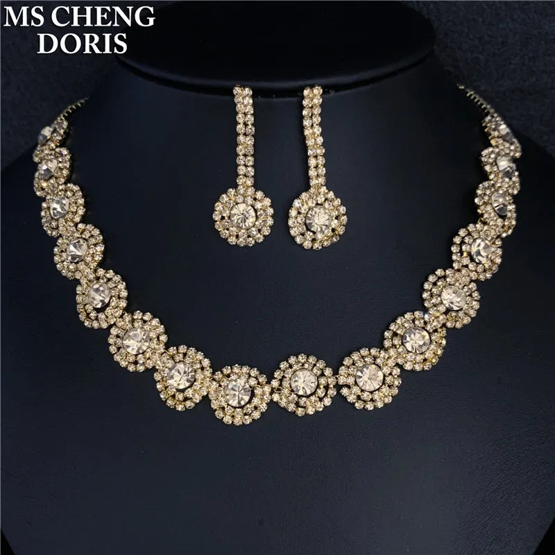 Blue Rhinestone Choker Jewelry Set – Luxury Bridal Necklace & Earrings