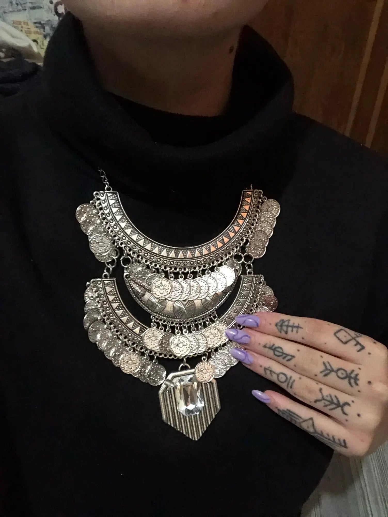 Silver Ethnic Coin Necklace – Boho Maxi Collar Jewelry for Women