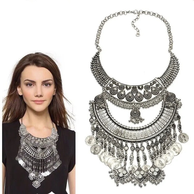 Silver Ethnic Coin Necklace – Boho Maxi Collar Jewelry for Women