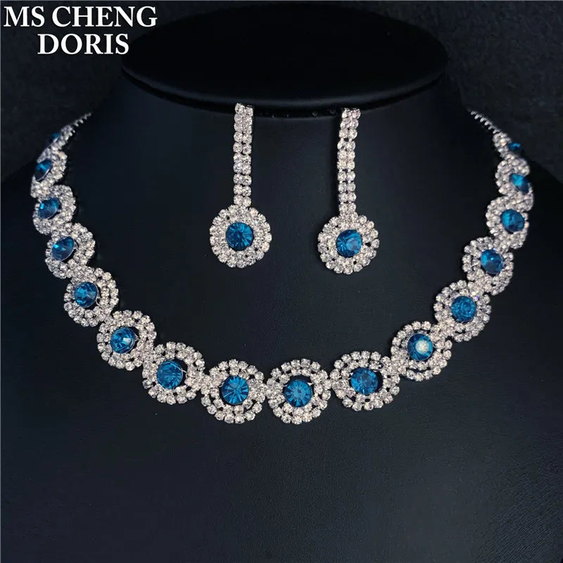 Blue Rhinestone Choker Jewelry Set – Luxury Bridal Necklace & Earrings