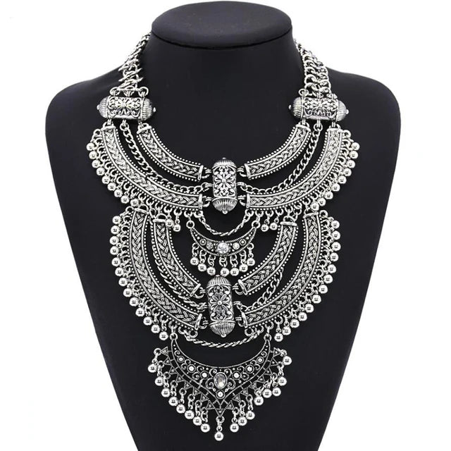Silver Ethnic Coin Necklace – Boho Maxi Collar Jewelry for Women