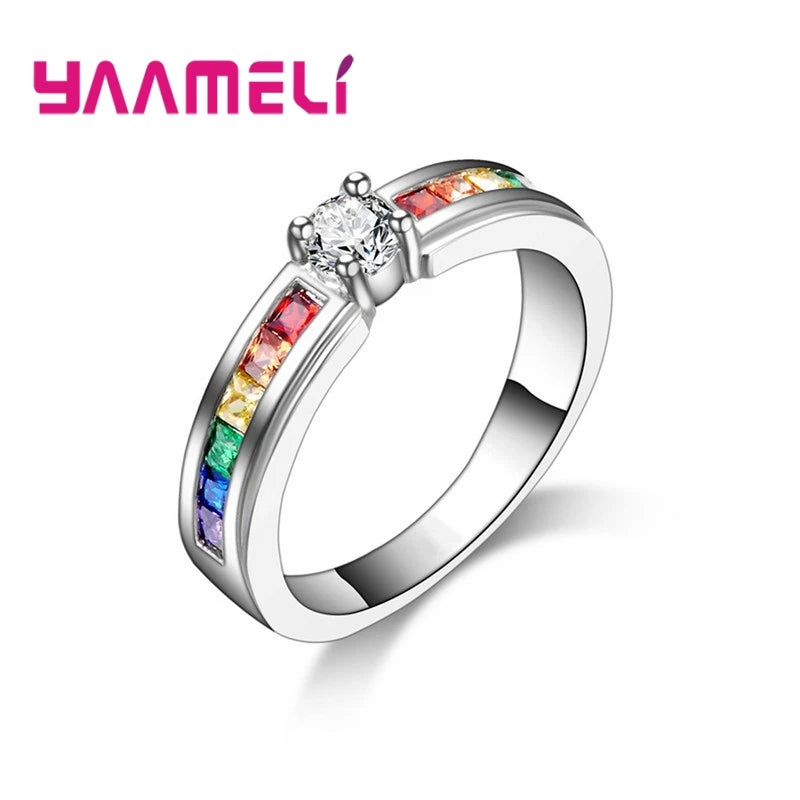 Lovely Rainbow Zircon Ring – 925 Sterling Silver Wedding & Party Accessory