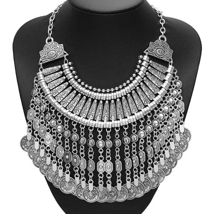 Silver Ethnic Coin Necklace – Boho Maxi Collar Jewelry for Women