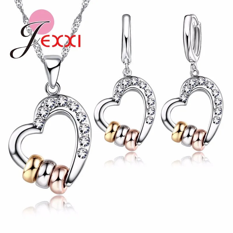 Crystal Heart Jewelry Set – CZ Rhinestone Necklace & Earrings for Women