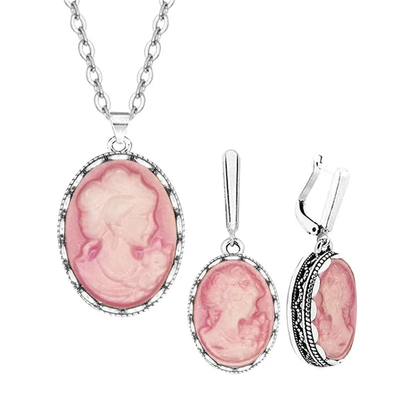 Lady Queen Cameo Jewelry Set | Vintage Necklace & Earrings for Women