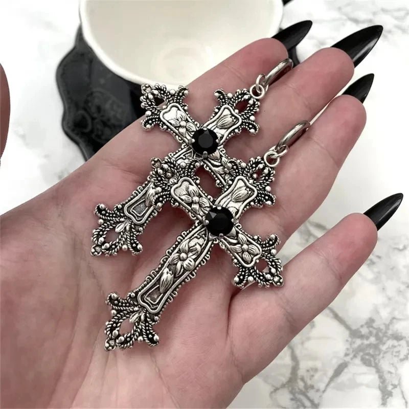 Gothic Silver Cross Earrings – Large Punk Statement Jewelry for Women