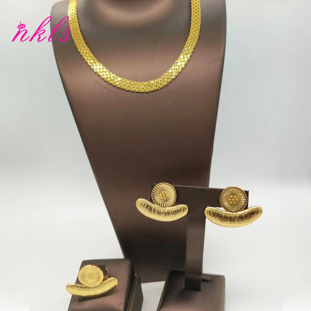 Classic African Jewelry Set – Gold Tone Chain, Earrings & Ring for Special Occasions
