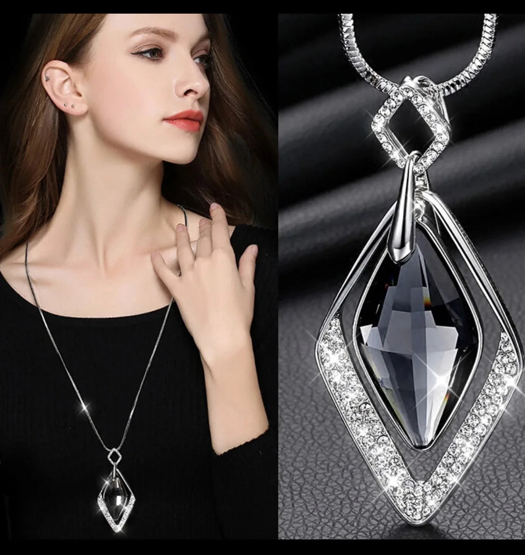 Geometric Crystal Statement Necklace – Long Pendant for Women