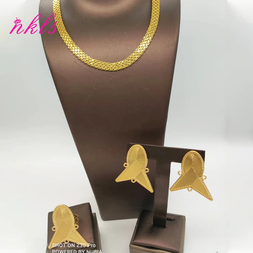 Classic African Jewelry Set – Gold Tone Chain, Earrings & Ring for Special Occasions