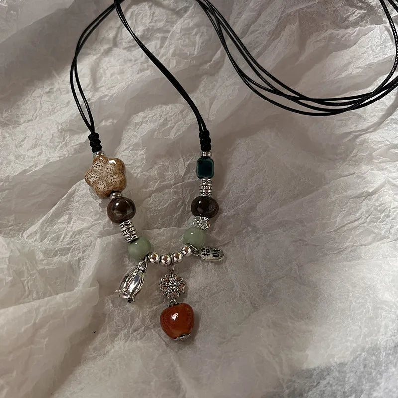 Vintage Ethnic Ceramic Necklace – Long Handmade Rope Jewelry
