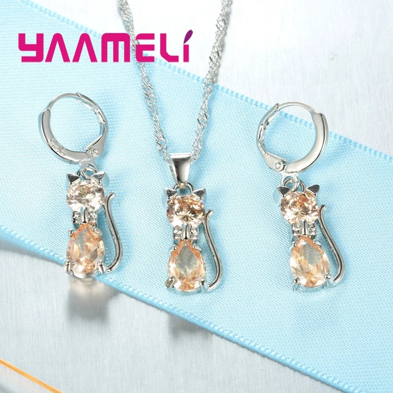 Women’s Crystal Cat Jewelry Set | Sterling Silver Necklace & Earrings