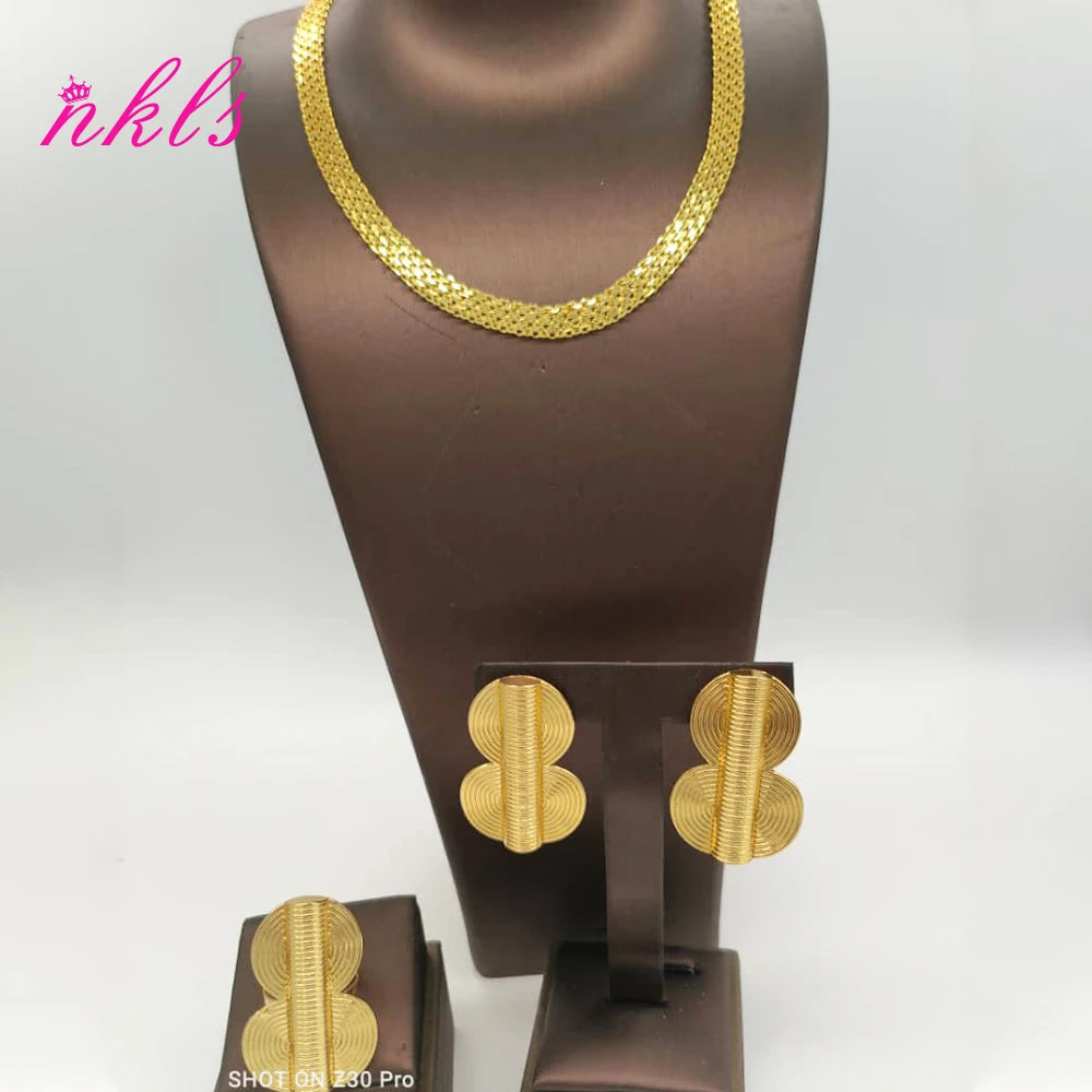 Classic African Jewelry Set – Gold Tone Chain, Earrings & Ring for Special Occasions