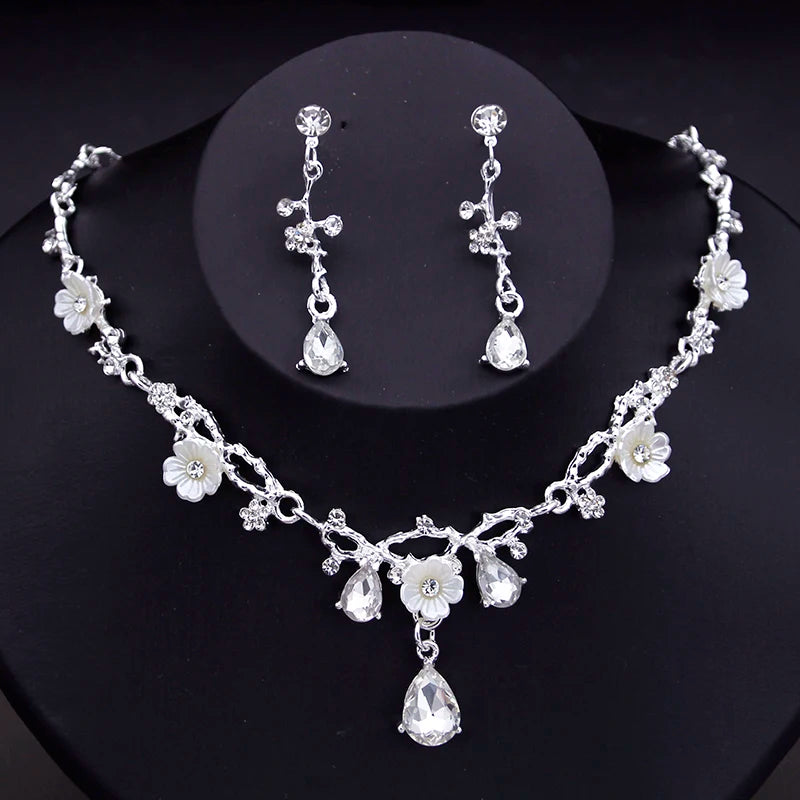 Pink Crown Bride Jewelry Sets Princess Wedding Tiaras Flower Choker Necklace Set Bridal Earring Costume Jewelry Sets Accessories