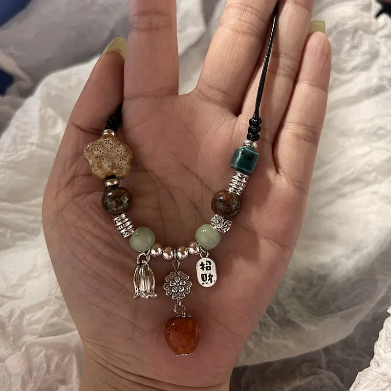 Vintage Ethnic Ceramic Necklace – Long Handmade Rope Jewelry