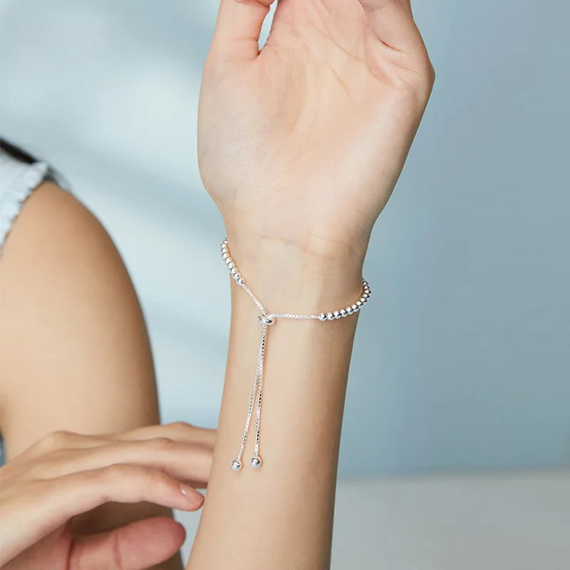 925 Silver Adjustable Bracelet – Simple Beaded Design for Women