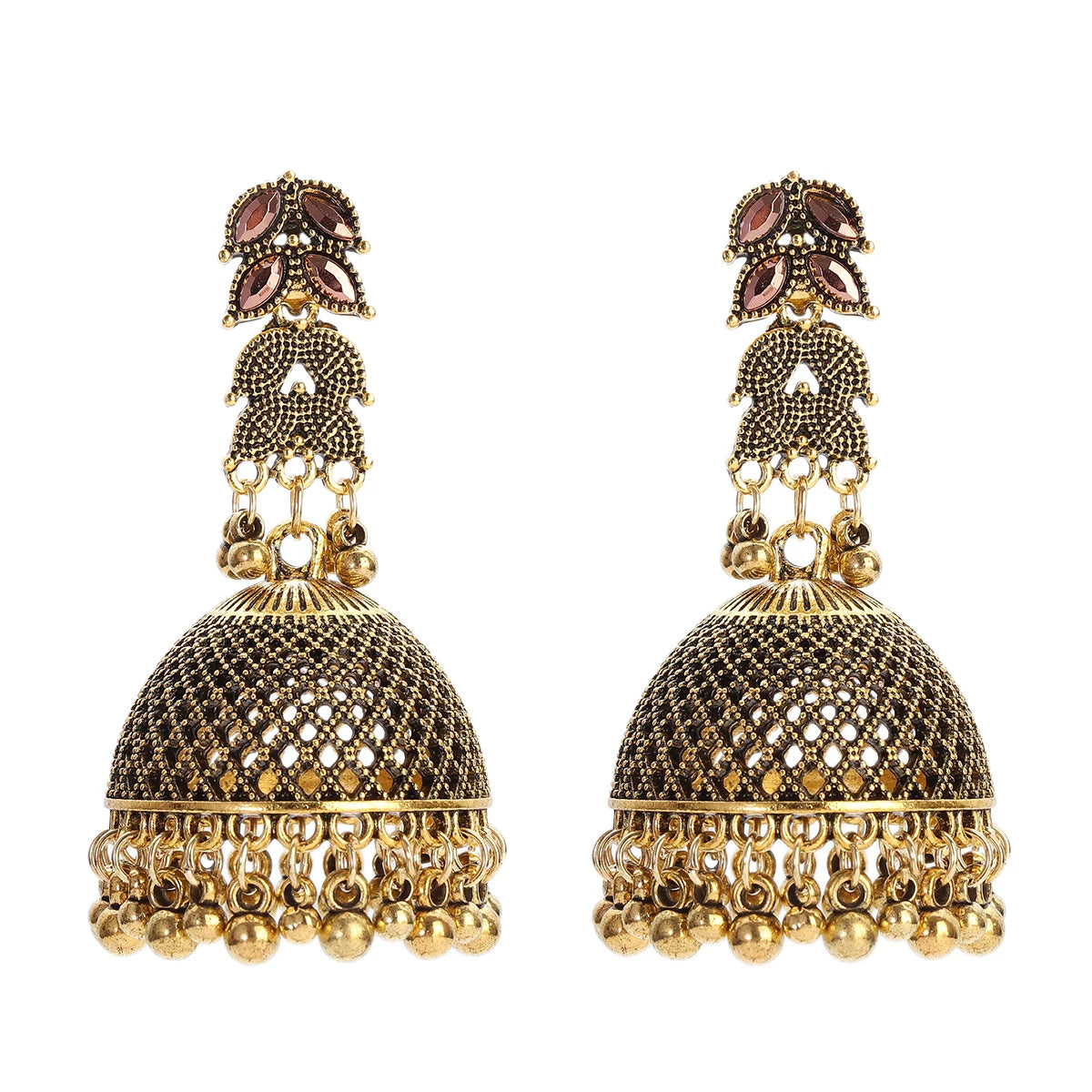 Vintage Ethnic Earrings – Carved Gold Bell Dangles for Women