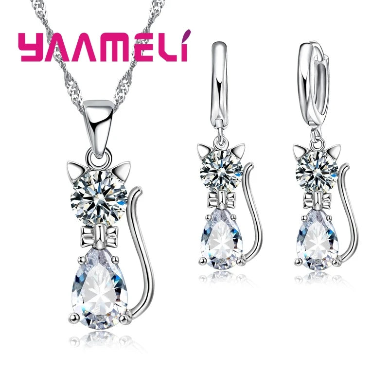 Women’s Crystal Cat Jewelry Set | Sterling Silver Necklace & Earrings