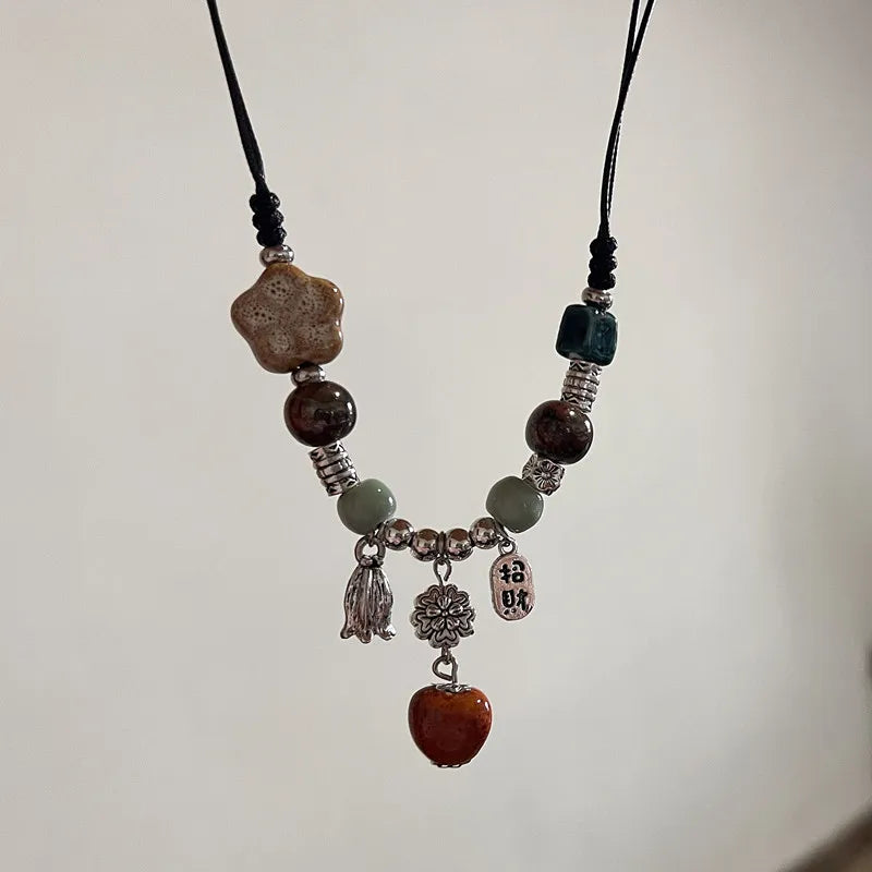 Vintage Ethnic Ceramic Necklace – Long Handmade Rope Jewelry