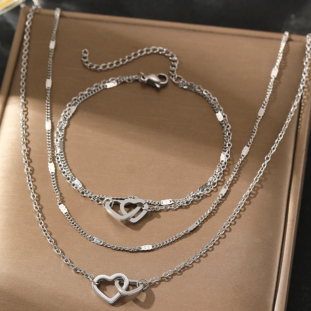 High-End Stainless Steel Jewelry Set – Love Necklace & Bracelet for Women