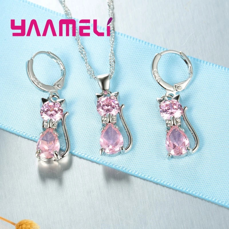 Women’s Crystal Cat Jewelry Set | Sterling Silver Necklace & Earrings