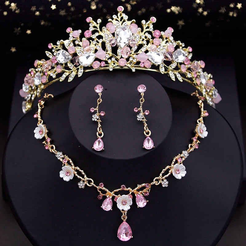 Pink Crown Bride Jewelry Sets Princess Wedding Tiaras Flower Choker Necklace Set Bridal Earring Costume Jewelry Sets Accessories