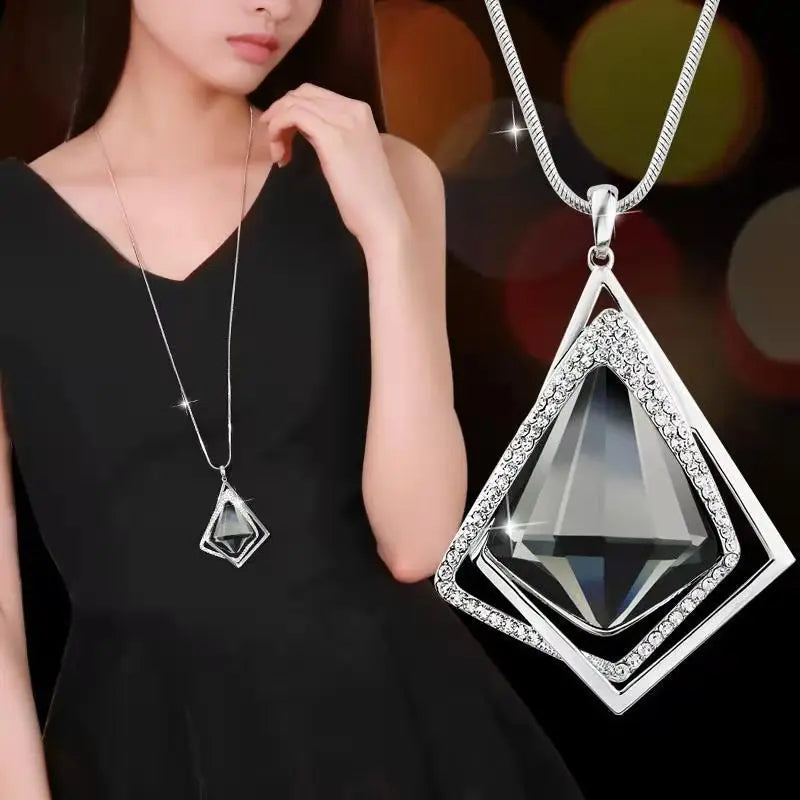 Geometric Crystal Statement Necklace – Long Pendant for Women