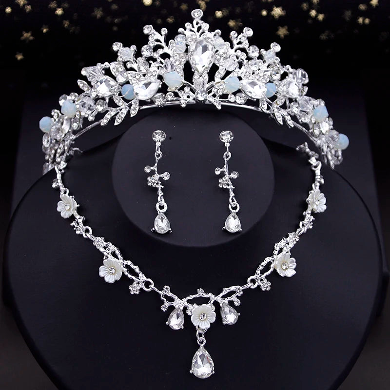 Pink Crown Bride Jewelry Sets Princess Wedding Tiaras Flower Choker Necklace Set Bridal Earring Costume Jewelry Sets Accessories