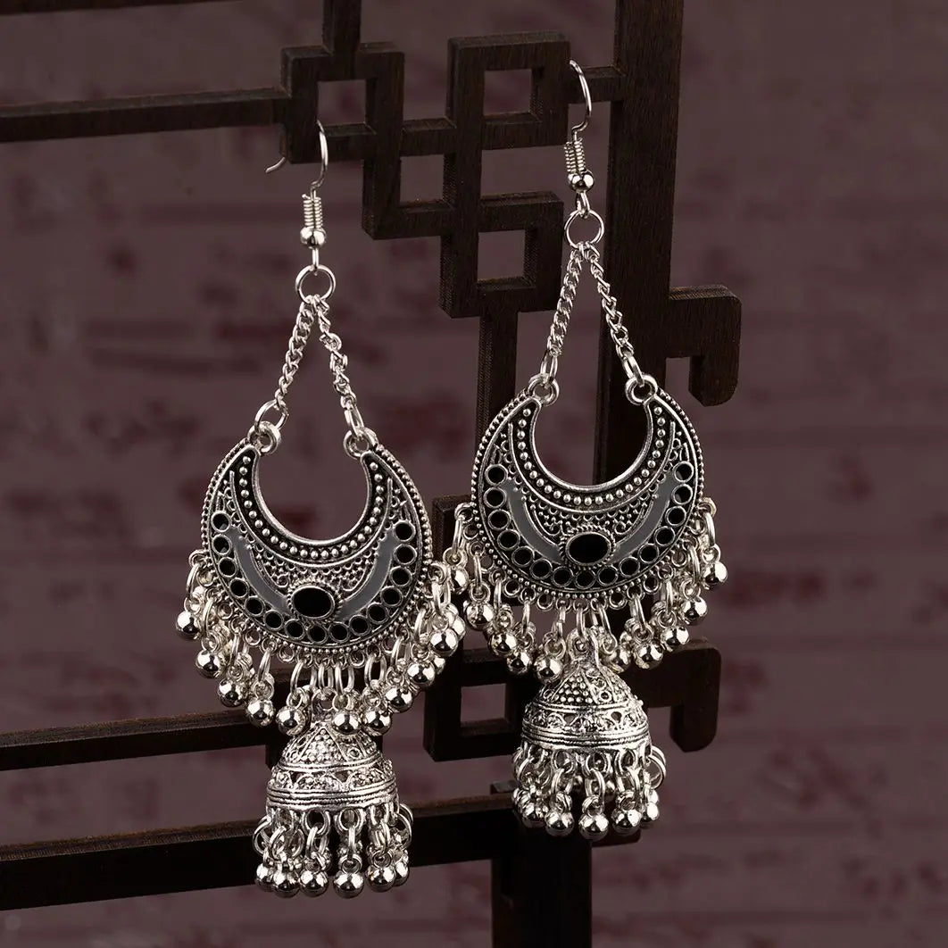 Boho Gypsy Earrings | Oxidized Silver Lantern Tassel Design