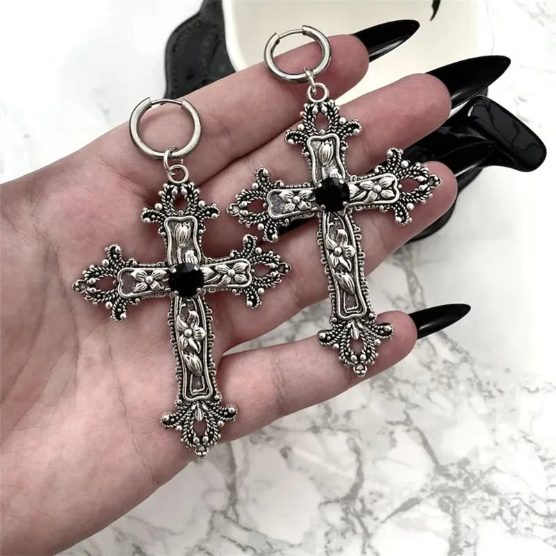 Gothic Silver Cross Earrings – Large Punk Statement Jewelry for Women