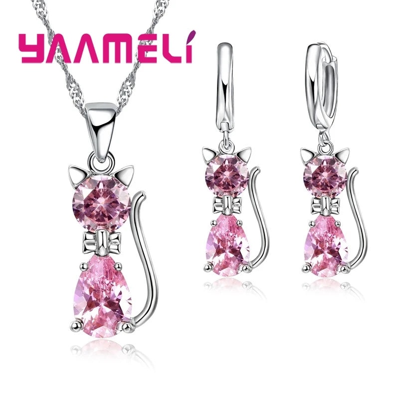 Women’s Crystal Cat Jewelry Set | Sterling Silver Necklace & Earrings